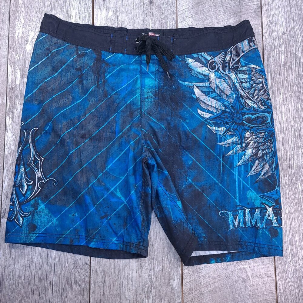 MMA Elite Board Shorts Mens Large Blue Y2K Pull On Swim Surf Beach Lined Trunks